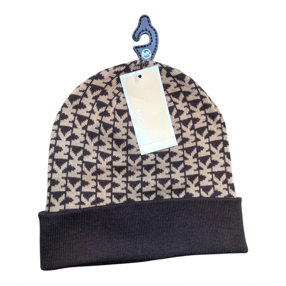MICHAEL KORS Logo Chocolate Brown & Tan Knit Beanie - Adult One Size